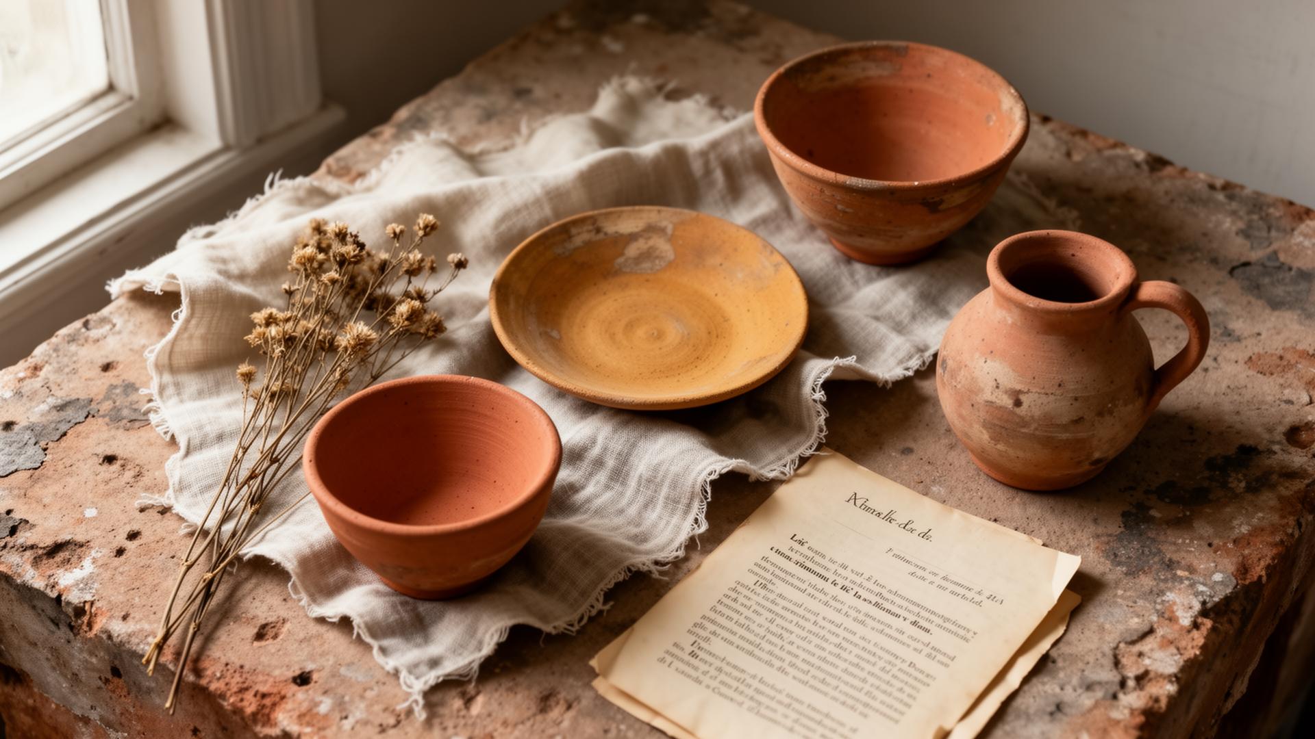 Aged ceramics, raw linen and dried botanicals arranged on weathered stone.